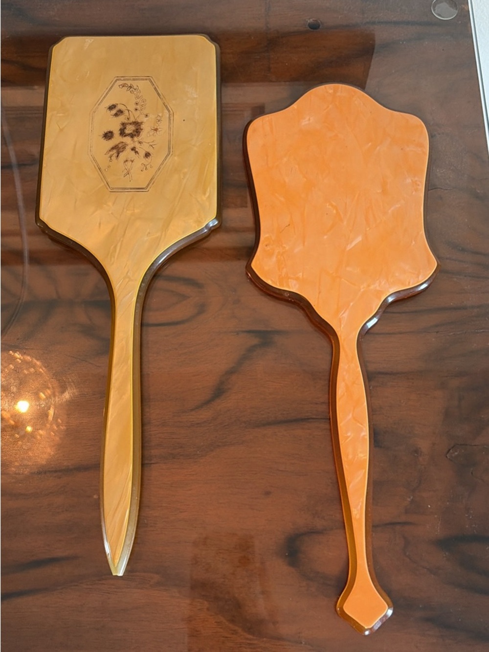 Vintage Art Deco Bakelite Celluloid Hand Mirror Vanity Makeup Set of 2